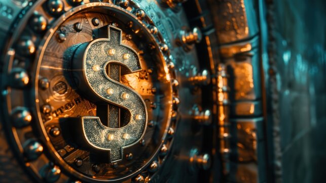 Conceptual photography of a dollar symbol on a vault door, representing security or wealth. The dollar symbol is illuminated with neon lights to attract attention. The vault door is metallic and