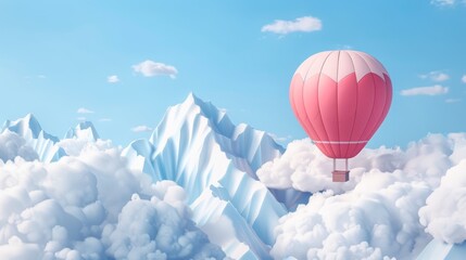 Fototapeta premium 3D illustration, hot air balloon in the sky with mountains and clouds - travel, vacation, Ttourist, summer holiday idea concept, isolated on white background.