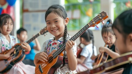 Thai students enjoying a music class, playing various instruments, joyful and harmonious, musical education