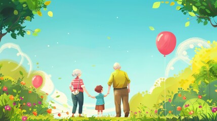 National Grandparents Day, Horizontal banner. Grandfather, grandmother and granddaughter, yellow background. Flat illustration, free space for text. Family day