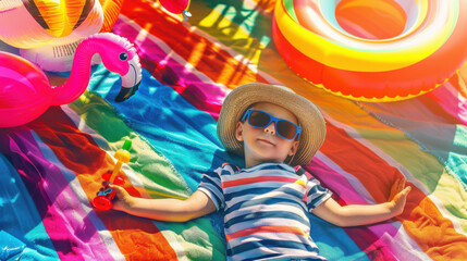 A photograph of a child in a striped shirt lying on a colorful beach towel with sunglasses and a sun hat, next to an inflatable flamingo and a toy sailboat