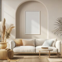 An empty rectangle frame mockup in white, placed on the wall of a living room with Scandinavian style furniture and beige walls, golden accents, and a blue, yellow, and gold pastel color palette. The 