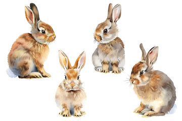 Watercolor painting realistic Set Rabbit on white background. Clipping path included.