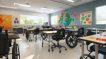 A science lab with adjustable lab tables for wheelchair users and tactile diagrams for students with visual impairments, promoting inclusive learning experiences.