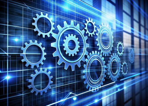 Gears icon on a digital display with reflection. Concept of business process workflow optimisation and automation, digital transformation, robotic process automation and flowing process management.&nbsp;.