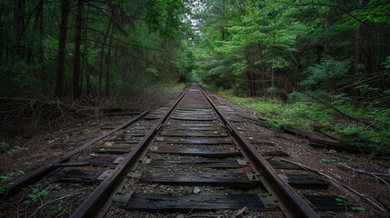Obraz premium In the middle of a thick forest, old and broken train tracks stretch out as far as you can see. Echols County, Georgia, USA.