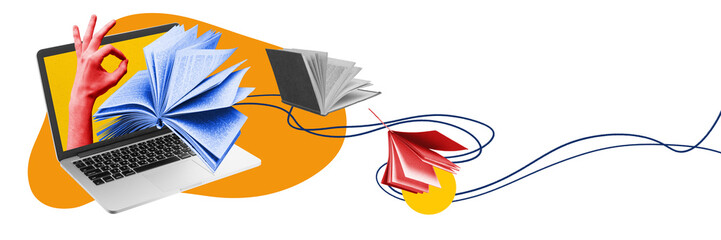 Banner. Contemporary art collage. Red hand makes OK gesture emerging from laptop screen and flying...