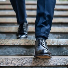 Close-up of Young Businessman's Feet Climbing Stairs in Office Building. Depicting Work Commute, Labor Day Overtime, and Hard Work. Outdoor Scene Captured in AI-Generated 4K High-Resolution Wallpaper.