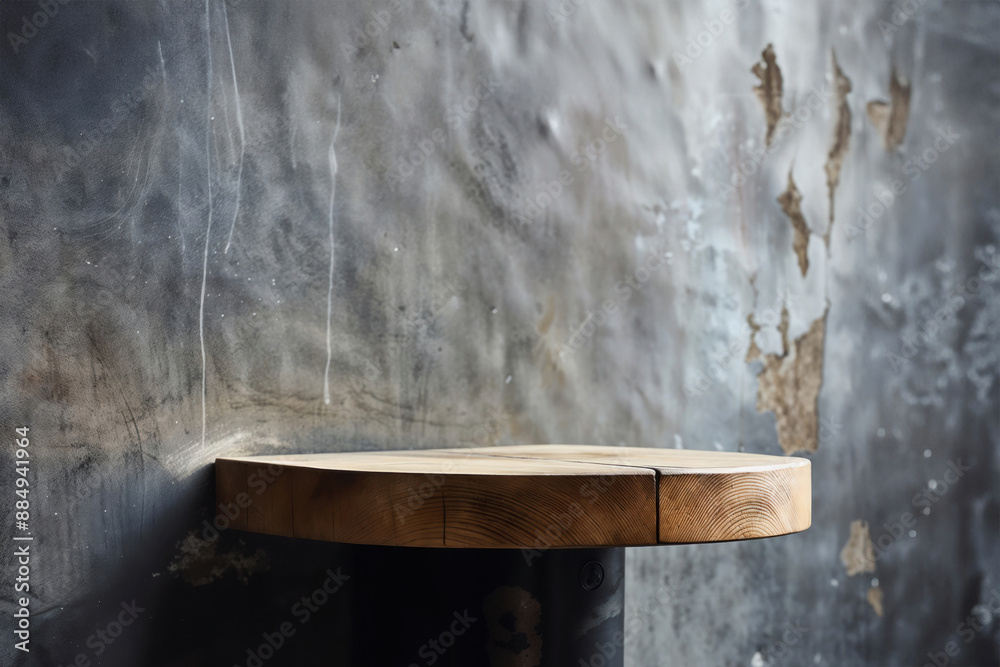 Poster empty round wooden tabletop perspective for product placement or montage with focus on foreground