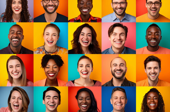 Diverse Group Of Happy People Smiling And Laughing In Colorful Portrait Grid With Bright Backgrounds