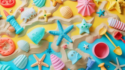 Assorted children's sand toys on a bright backdrop, flat lay
