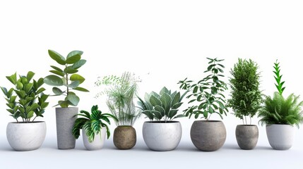 Obraz premium Assortment of potted green plants isolated on white. Modern, minimalist design elements. 3D vector illustration.