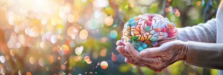 World Alzheimer's Month. Horizontal banner, free space for text. Multi-colored human brain in the palms of an elderly man, light background, bokeh effect. Degenerative disorder. Care of mental health