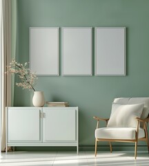 Modern interior background, light green wall with three vertical white posters on the wall, cabinet and armchair in front of it, vase with flowers nearby, minimalist style, natural daylight, hyper rea