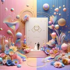 Obraz premium Colorful weeding or birthday invitation template with a festive frame of balloons and space for your party details