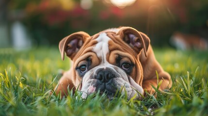 Fototapeta premium English bulldog puppy resting in grass focused shot