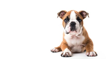 English Bulldog puppy portrait on white background with blank space