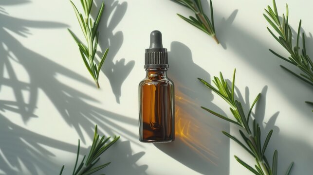 Essential oil bottle and rosemary on a bright backdrop