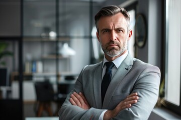 Fototapeta premium confident mature businessman standing with arms crossed and looking at camera in office