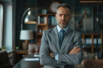 Fototapeta premium confident mature businessman standing with arms crossed and looking at camera in office