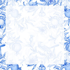 Blue pattern banner with flowers, pomegranate fruits and bird. Watercolor illustration