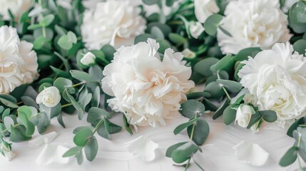 Obraz premium Elegant floral stationery design with white carnations and eucalyptus on a table