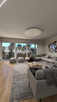 casa de estilo moderno mediterraneo con gran sofa , cocina con isla y terraza con jacuzzi 