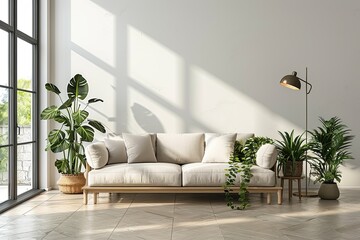 A modern living room interior with a sofa created with Generative AI