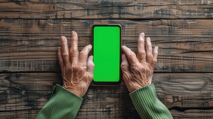 Elderly woman s hands displaying green screen on smartphone atop wooden surface