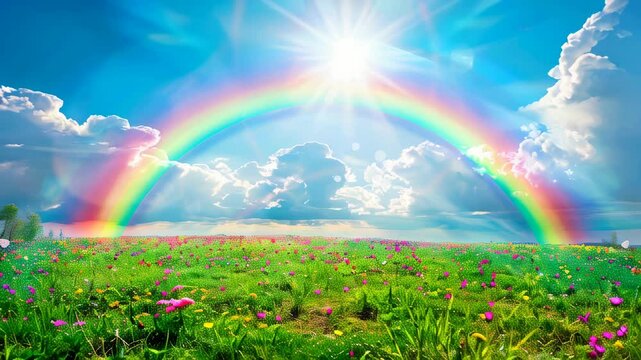 A beautiful rainbow over a field of flowers