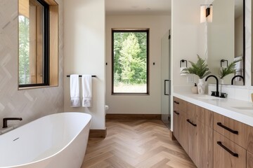 Fototapeta premium A luxurious bathroom with a spa-like atmosphere, featuring clean lines and geometric shapes.