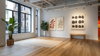 Fototapeta premium An eclectic art gallery with a large-scale circle pattern installation.