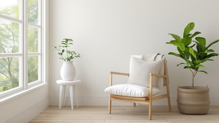 A bright and airy Scandinavian living room with light wood and minimalist furniture.