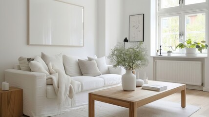 A bright and airy Scandinavian living room with light wood and minimalist furniture.