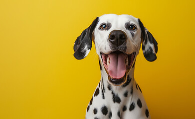 Happy Dalmatian dog with tongue out against a bright yellow background.