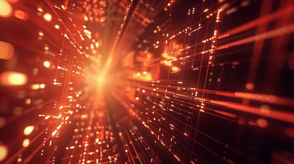 Abstract glowing background digital technology: high-tech digital interior of a data center server with blurred polygonal geometric matrix space, 3d render. Modern business technology with futuristic 