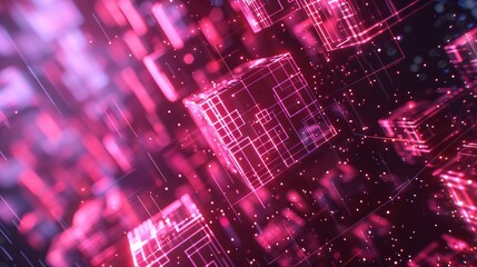 Abstract glowing background digital technology: high-tech digital interior of a data center server with blurred polygonal geometric matrix space, 3d render. Modern business technology with futuristic 