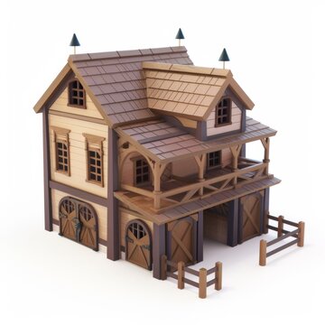 3D Render, Low Poly style of Wild West livery stable with hitching posts, on isolated white background, Generative AI