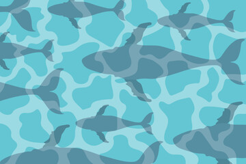 Obraz premium Summer art with migration of big humpback Whales. Sperm Whales under the water surface. Marine animal in the sea. Flat vector illustration can used Wildlife banner