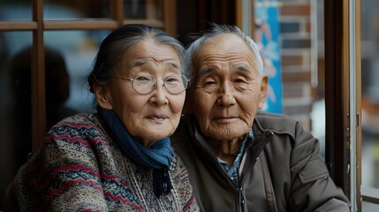 Elderly Asian Couple Sitting Together by Window with Affection