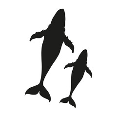 Simple black Whale silhouette isolated white background. Humpback whale family template. Vector template for National Wildlife Day design poster, banner, flyer. T-shirt print. Save marine animal. 