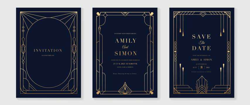 Luxury wedding invitation card vector. Elegant art deco classic antique design, gold lines gradient, frame on navy blue background. Premium design illustration for gala, grand opening, VIP cover.