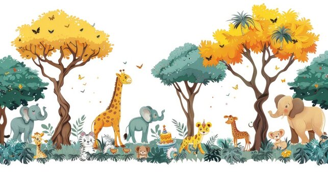  Blank white page with colorful cartoon animals around the border, theme background for birthday party invitation, cute children's, balloons and cake