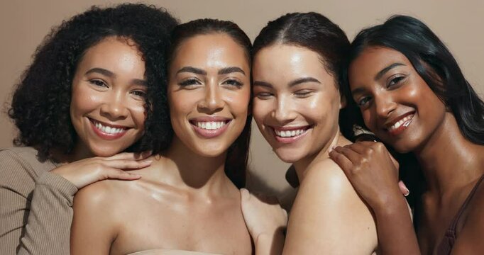 Face, happy or hug for friends, skincare or wellness for diversity, inclusion or cosmetics in studio. Makeup, support or confident women with facial glow, beauty results or smile on brown background