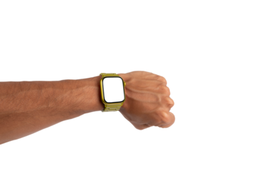 Male hand wearing a yellow metal smartwatch isolated no background blanc screen mockup