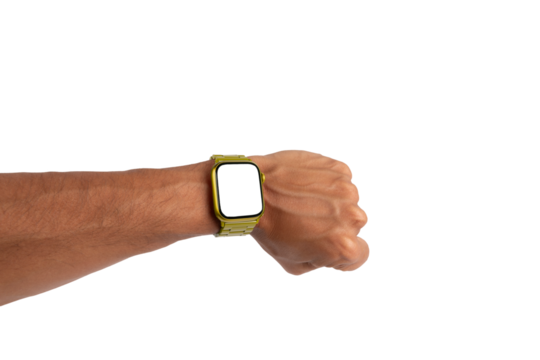 Male hand wearing a yellow metal smartwatch isolated no background blanc screen mockup
