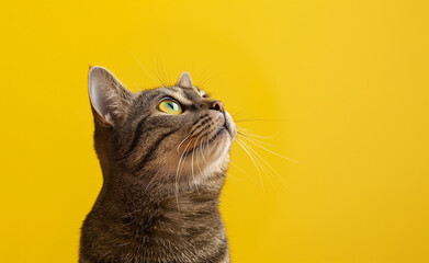 Obraz premium Curious tabby cat looking up against a bright yellow background.
