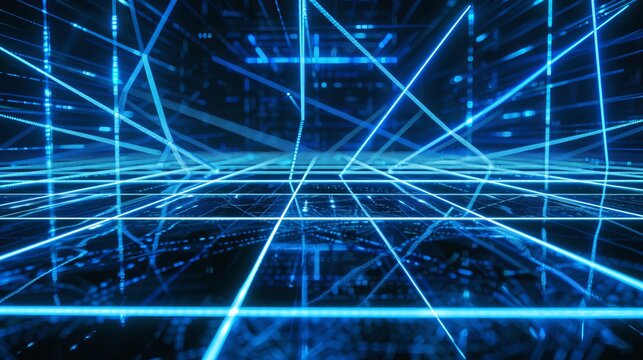 Abstract neon blue lines on black background illuminated reflections on ground, futuristic technology concept with vibrant light trails and modern digital aesthetics

