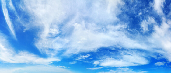 White cumulus clouds blue sky panorama background, fluffy cirrus cloud panoramic view, cloudy sky texture, beautiful cloudscape backdrop, sunny heaven landscape, cloudiness weather, ozone layer, space