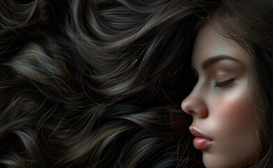 Fototapeta premium Close-up portrait of a woman with long wavy hair and piercing green eyes.